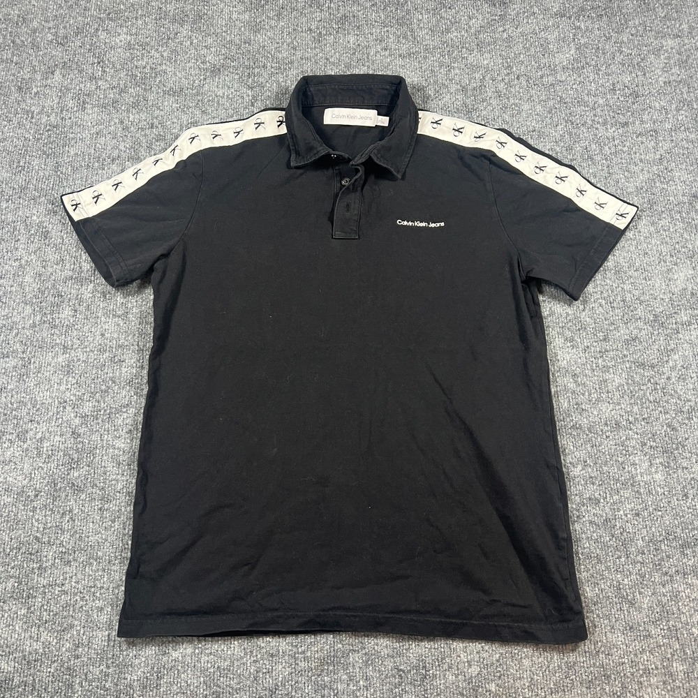 Calvin Klein Polo Shirt Mens Medium Black White Stripes Cotton Restore Wear